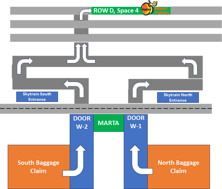 Map explaining where the Peachy shuttle service can be found for customers arriving into the Domestic Terminal. The Peachy shuttle bus is located in Row D, Space 4.